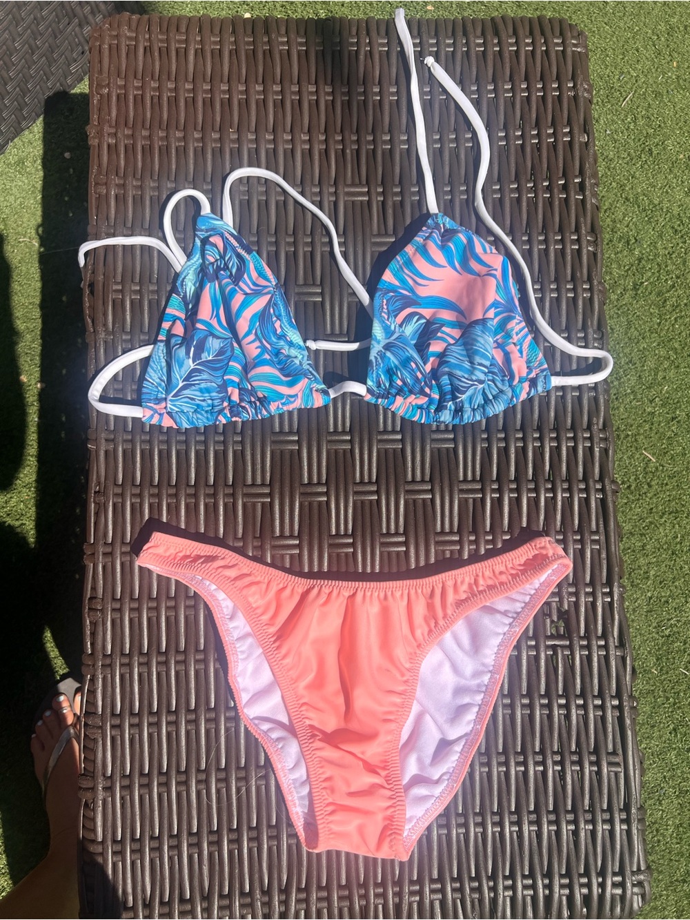 Tropical Leaf Triangle Bikini Set in Blue and Coral